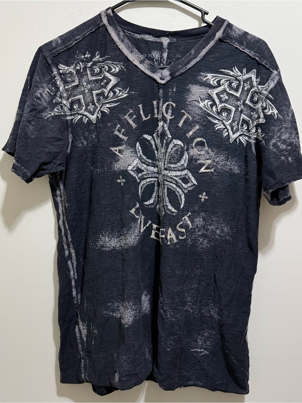 Affliction Black and White Distressed Graphic V-Neck Tee